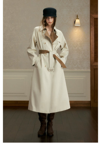 oshea - Moonlight Gray Double-Breasted Belted Long Trench Coat