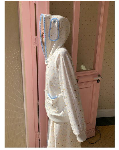 “Snow Bunny Reverie” Ivory Rabbit Ear Hoodie & Floral Pleated Mini Skirt
