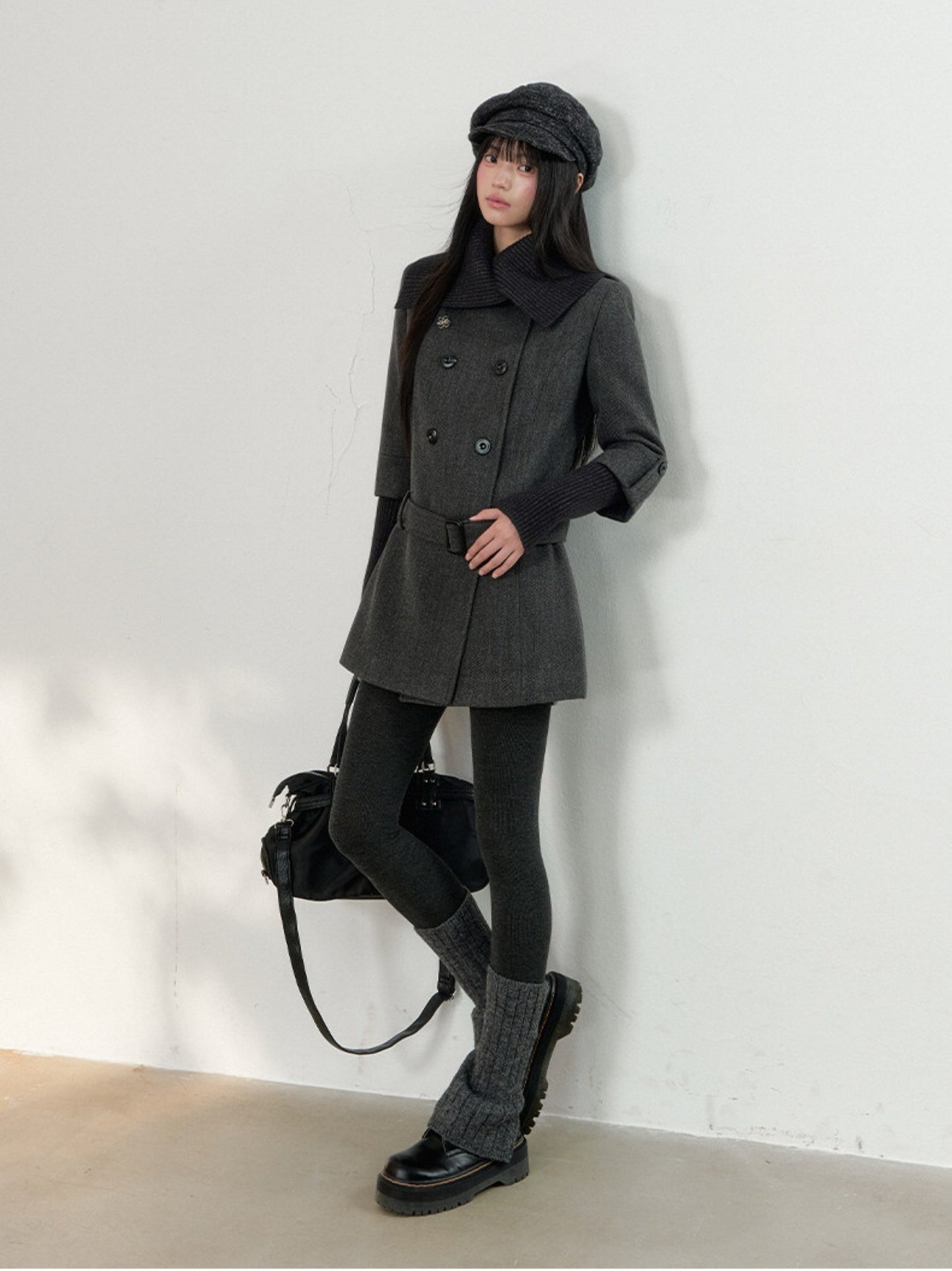 Soote Season - British Deep Gray Knit-Collar Wool-Blend Long Dress