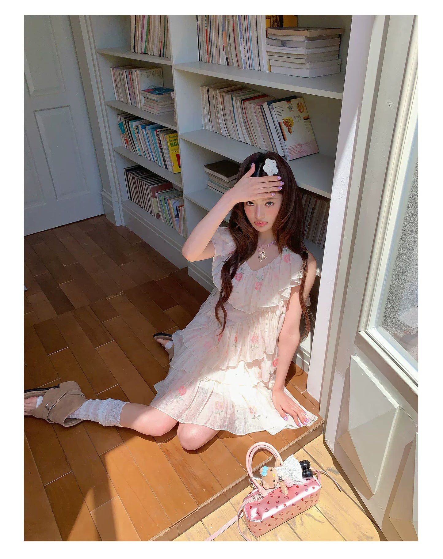 “Cloud Ruffle Reverie” Cream Apricot Floral Ruffle Dress