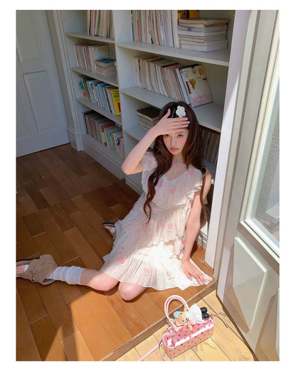 “Cloud Ruffle Reverie” Cream Apricot Floral Ruffle Dress