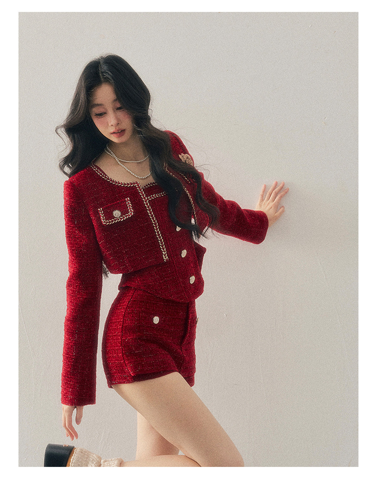少也眼 "Before the Moon Falls" Bouclé Wool Tweed Three-Piece Mini Set - Cabernet Red