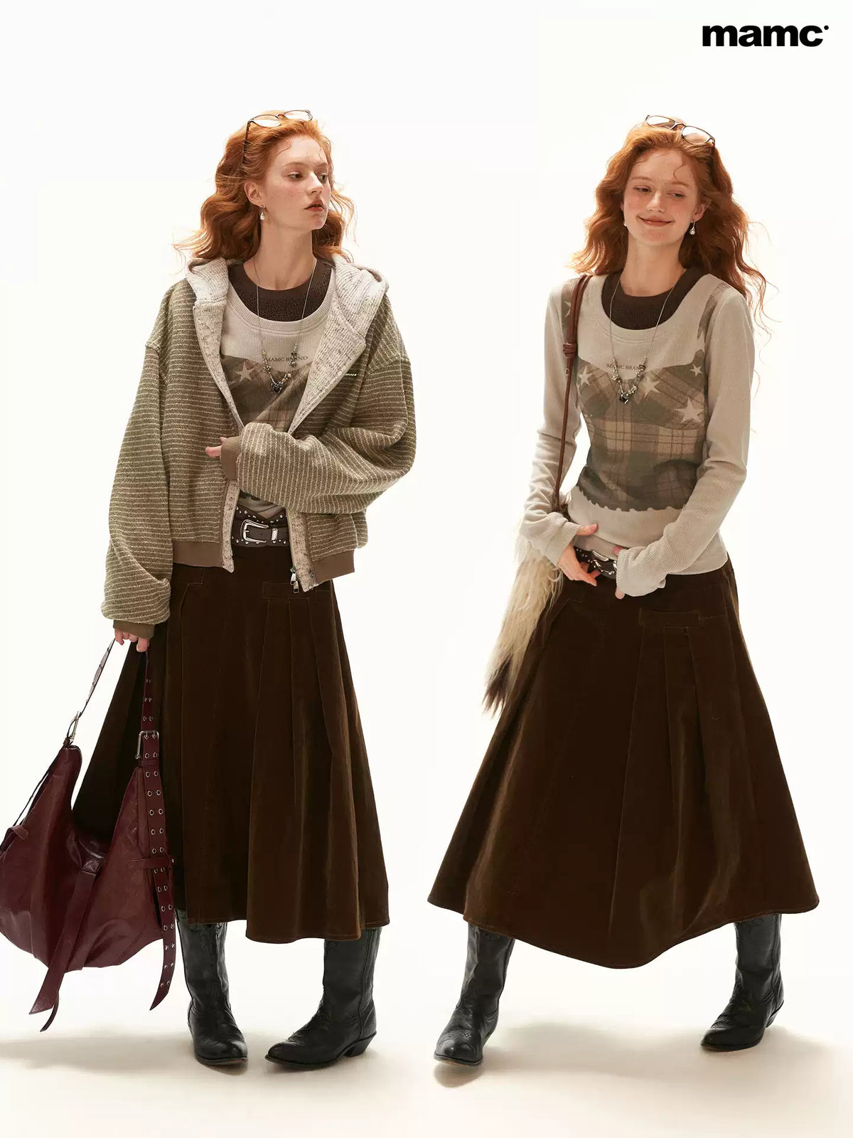 MAMC - Light Khaki Y2K Star Plaid Layered Knit Top