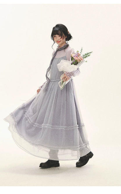 "Morning Veil" Morning Mist Purple Tiered Mesh Slip Midi Dress