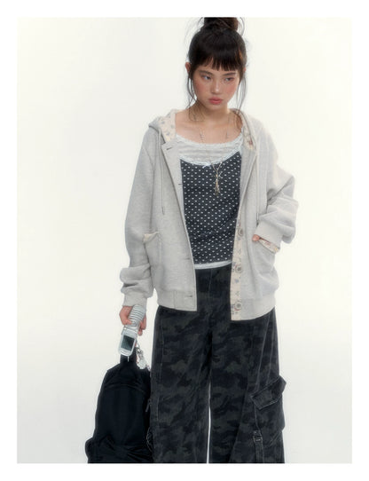 “Blooming Reverie” Light Heather Gray Floral Hooded Cardigan Sweatshirt