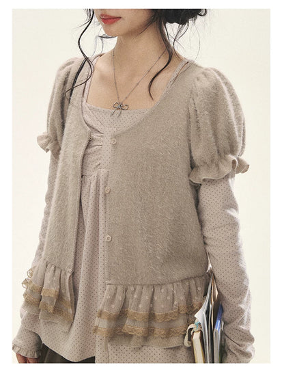 "Soft Fufu" Blush Pink Lace Puff Sleeve Knit Cardigan