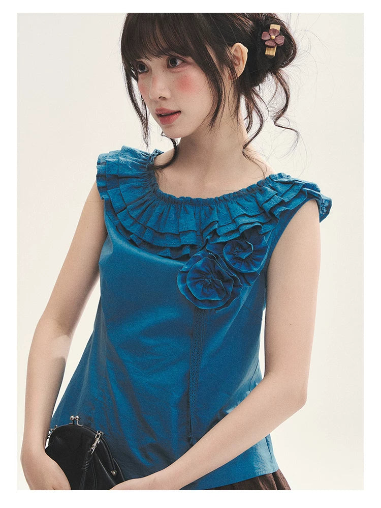 "Bluebell" Peacock Blue Lace Embroidered Fitted Sleeveless Top