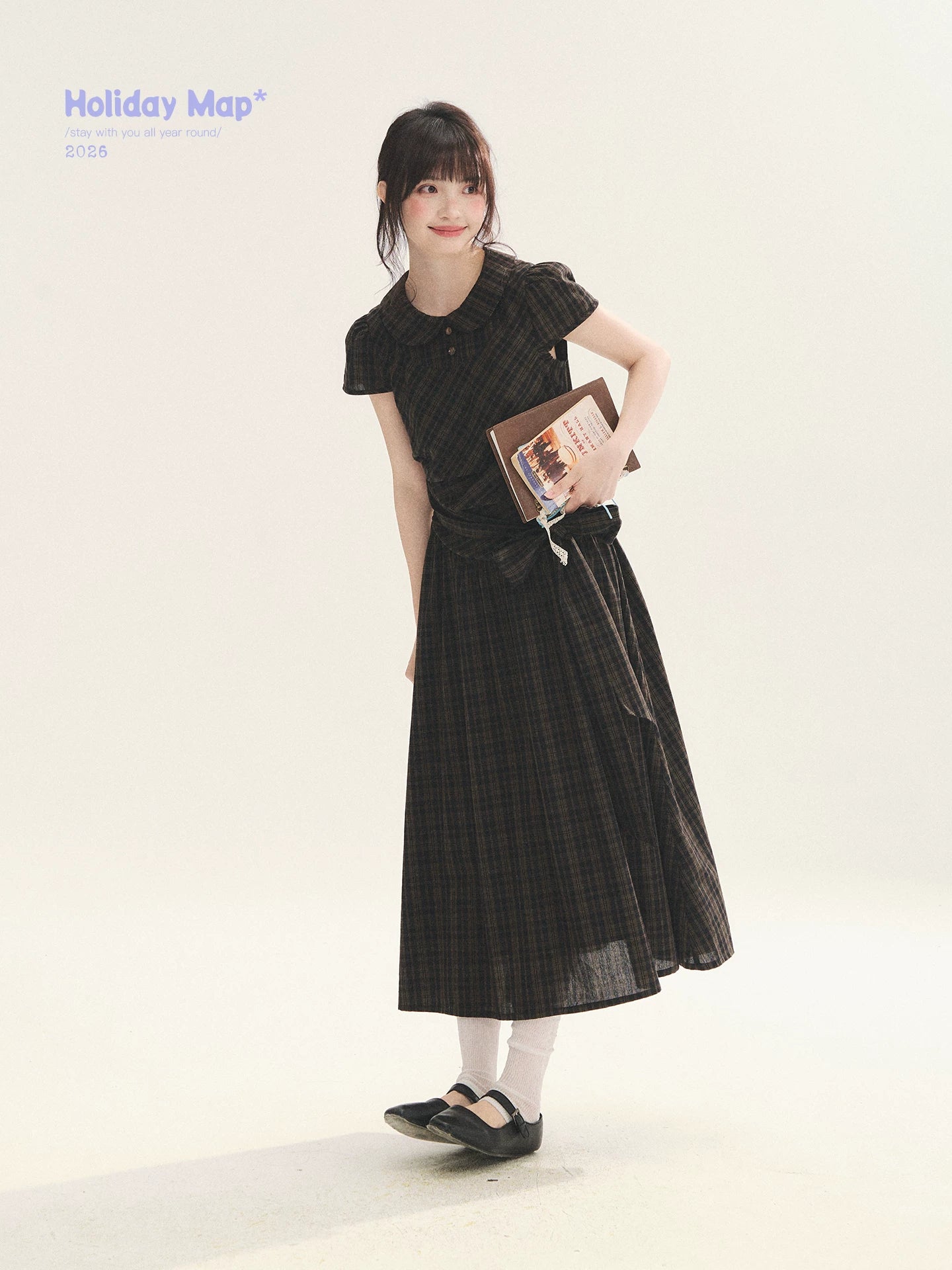 "Vintage Scholar" Black Brown Plaid Bow Tie Peter Pan Collar Maxi Dress