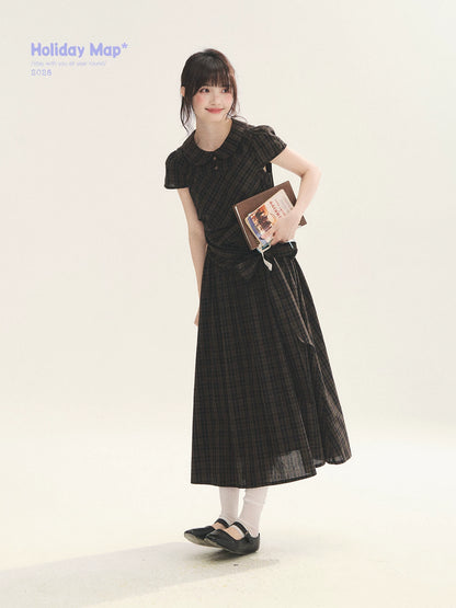 "Vintage Scholar" Black Brown Plaid Bow Tie Peter Pan Collar Maxi Dress