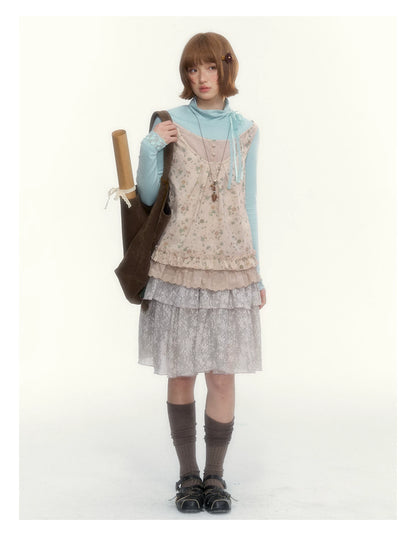 Misty Gray Pink Vintage Lace Tiered A-Line Skirt