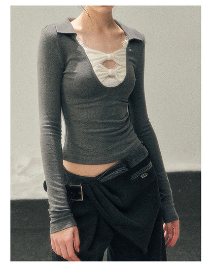 少也眼 “Silent Afterecho” Bow-Detail Top - Intellectual Gray