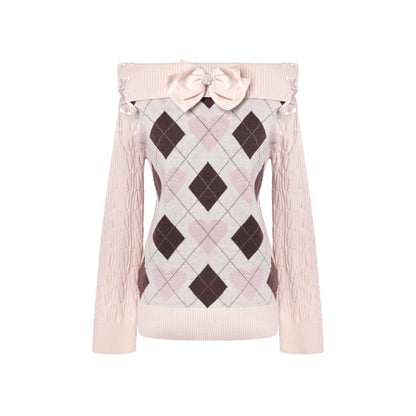 KYOUKO - My Melody Cream Argyle Off-Shoulder Sweater and Cocoa Maid Skirt Set