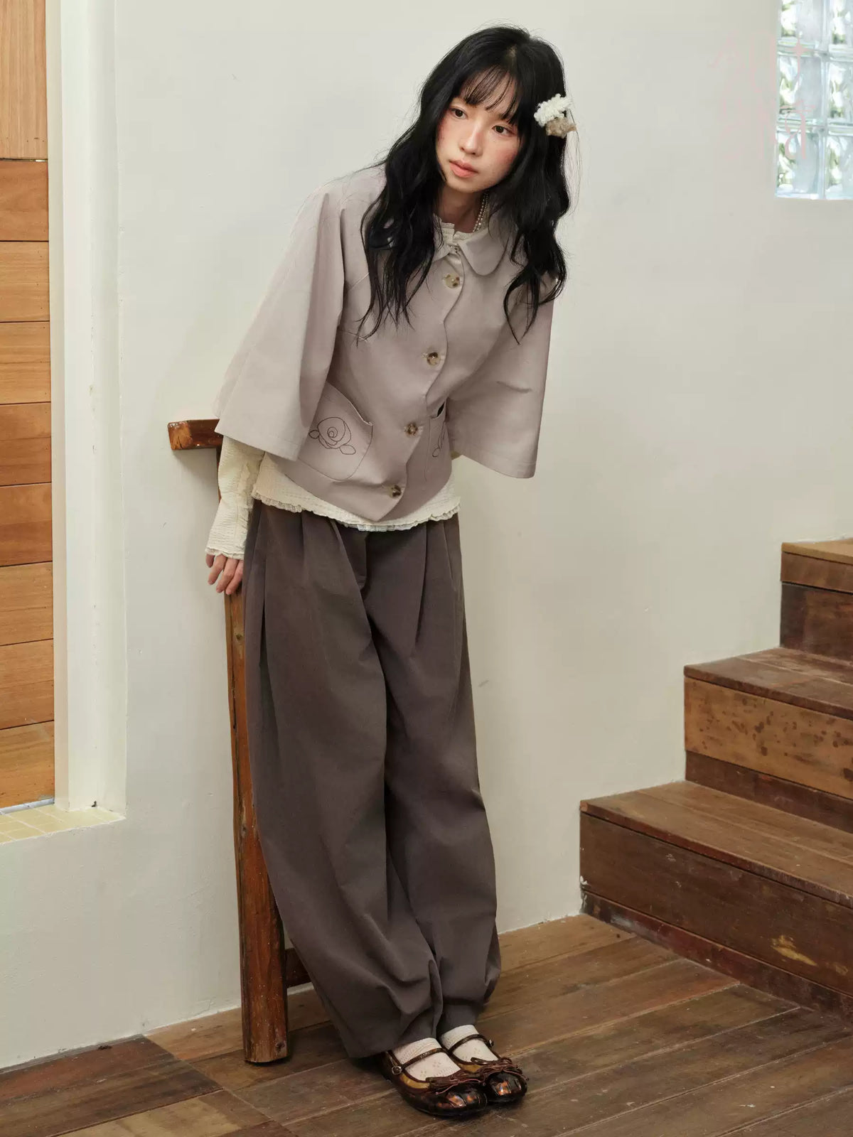 DAILY ARTIST - Taupe Brown Rose Embroidered Cape-Sleeve Jacket