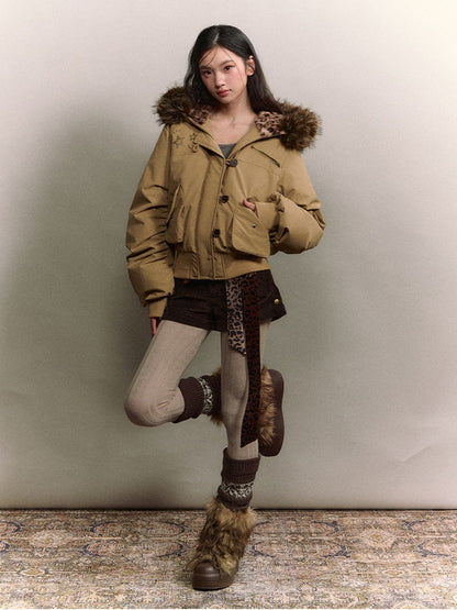 Soote Season - Studded Aviator Hooded Down Jacket with Faux Fur Collar