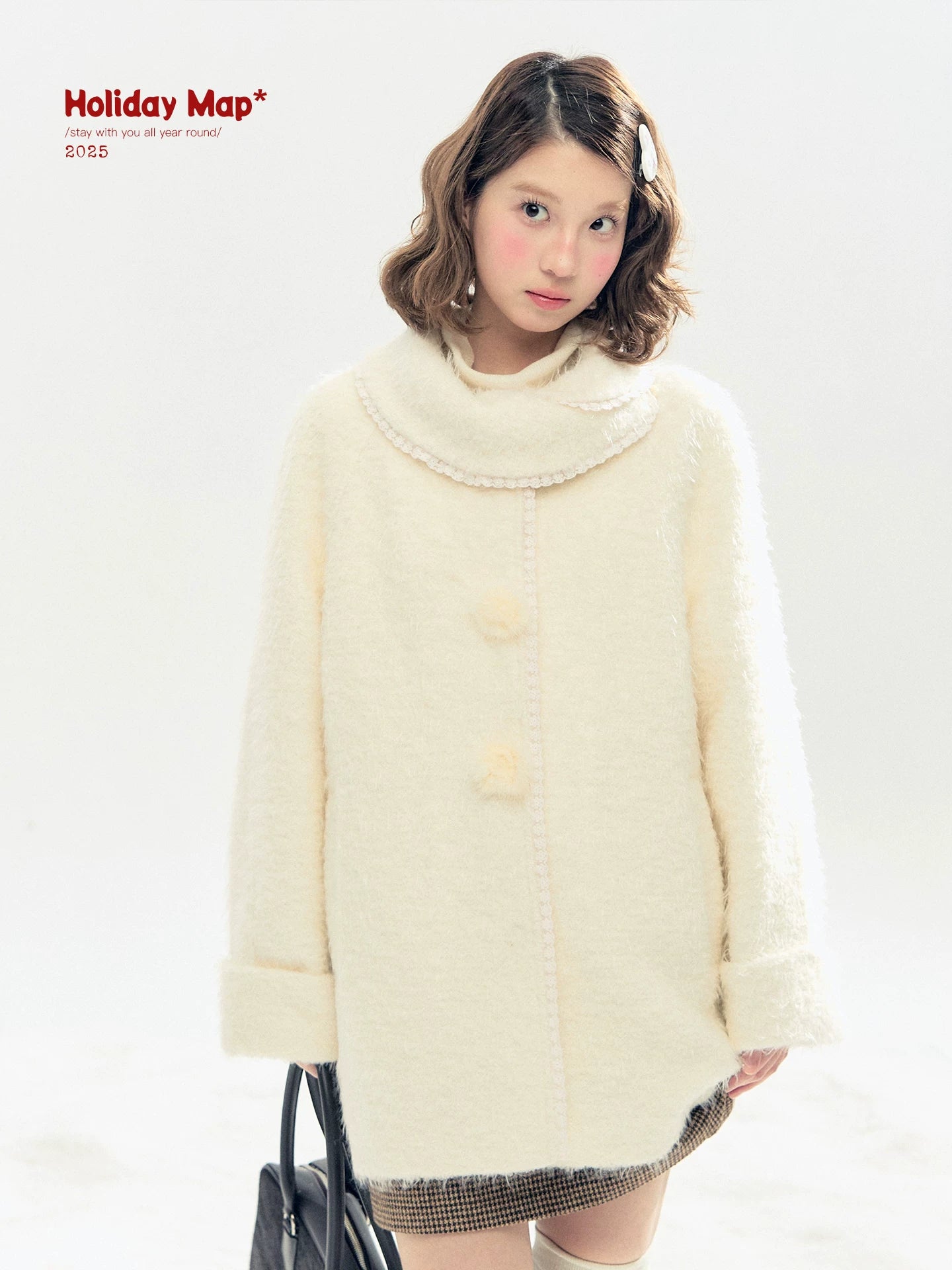 "Snow-Kissed Sakura" Ivory Wool-Blend Quilted Mid-Length Coat with Detachable Plush Flowers