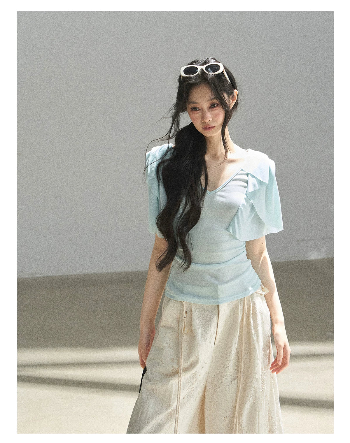 "Where Clouds Fall" Ruffle Sleeve V-Neck Crop Top (Forest Green/ Sage Gray/ Misty Blue/ Cinnamon Pink)