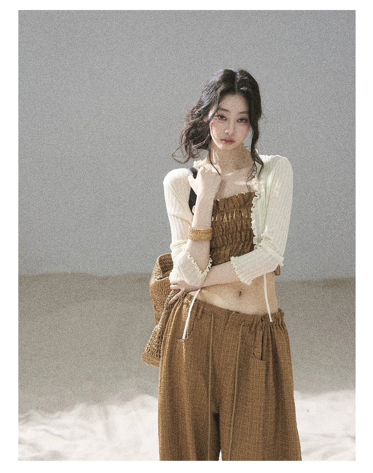 "Caramel Dusk" Ash Caramel Shirred Bandeau Top & Relaxed Pants Set