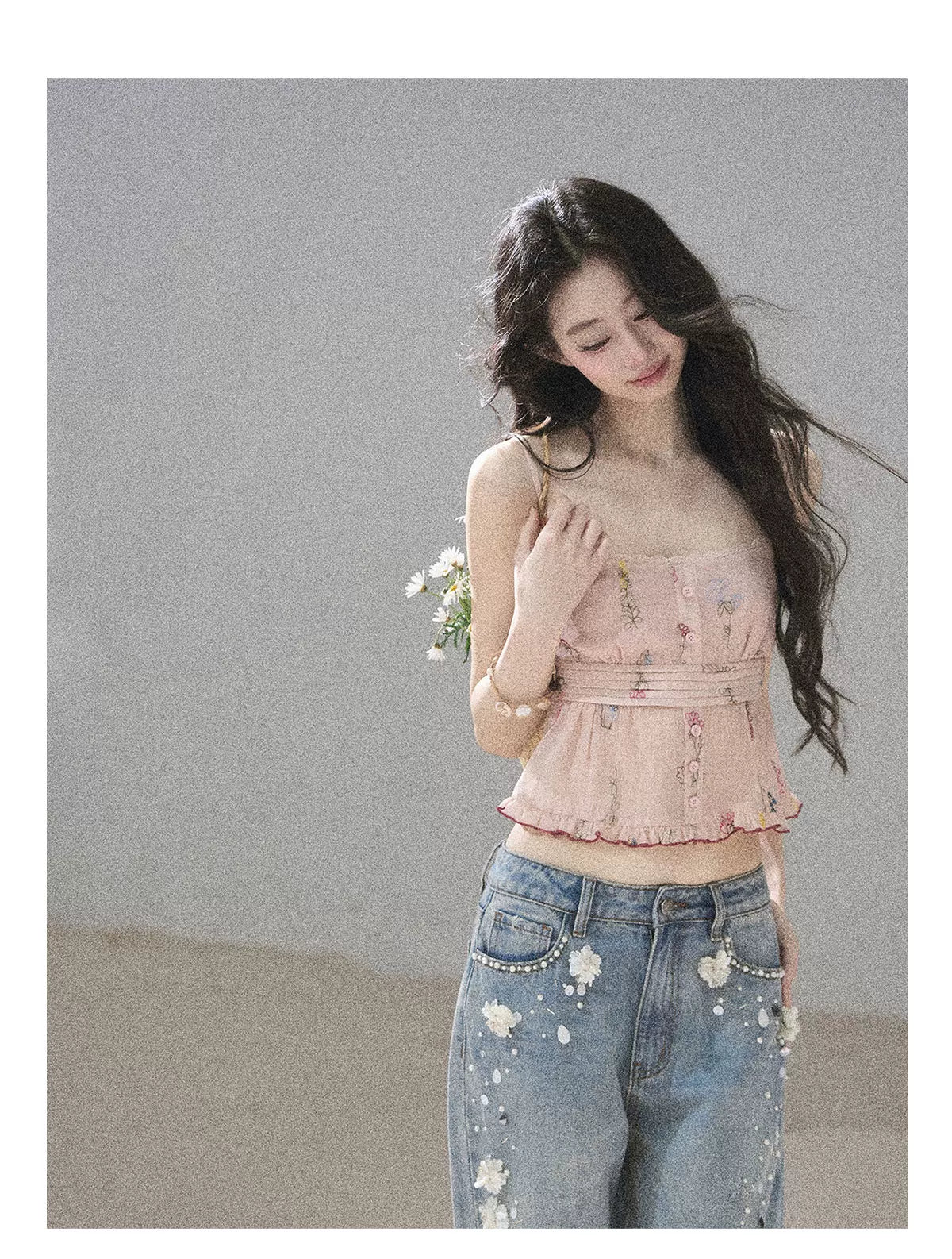 "Starlit Grace" Mist Blue Handmade Floral Wide-Leg Jeans