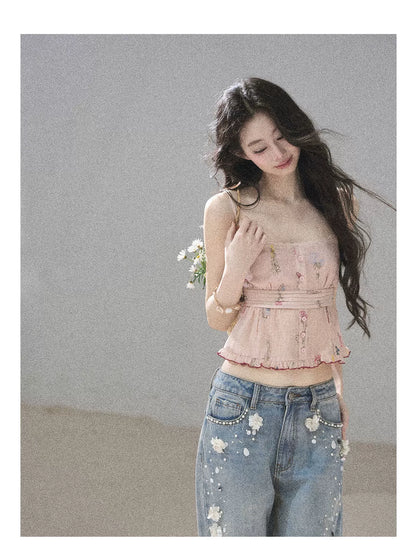 "Starlit Grace" Mist Blue Handmade Floral Wide-Leg Jeans