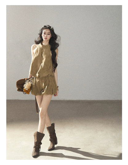 AOMALM - "The Veins of Leaves" Oatmeal French Faux Suede Top & Shorts Set