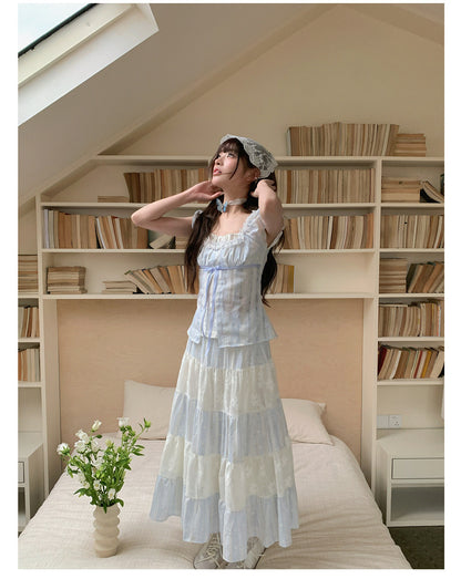 “Sea Salt Reverie” Blue Square Neck Blouse & Lace Tiered Maxi Skirt
