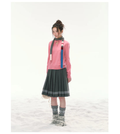 CANSTORE - "Berry Reverie" Pink V-Neck Bow-Tie Knit Sweater