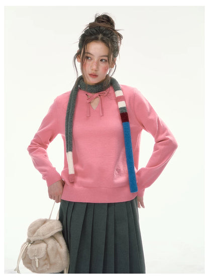 CANSTORE - "Berry Reverie" Pink V-Neck Bow-Tie Knit Sweater