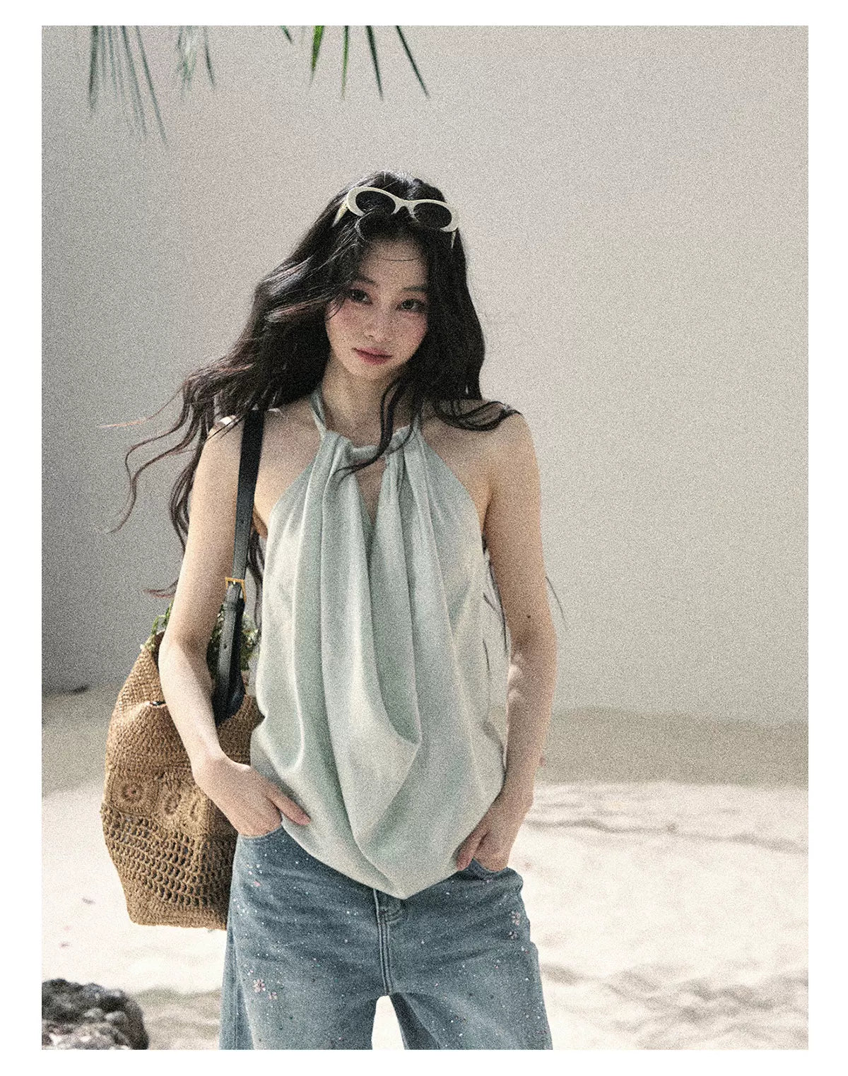 "Flowing Silk Reverie" Light Bean Green Halter Backless Top 536845