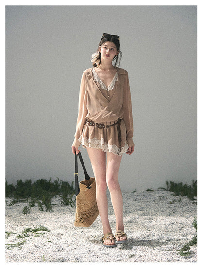 少也眼 “Hidden in the Evening Breeze” Cheese Yellow Faux Two-Piece Chiffon Dress 146