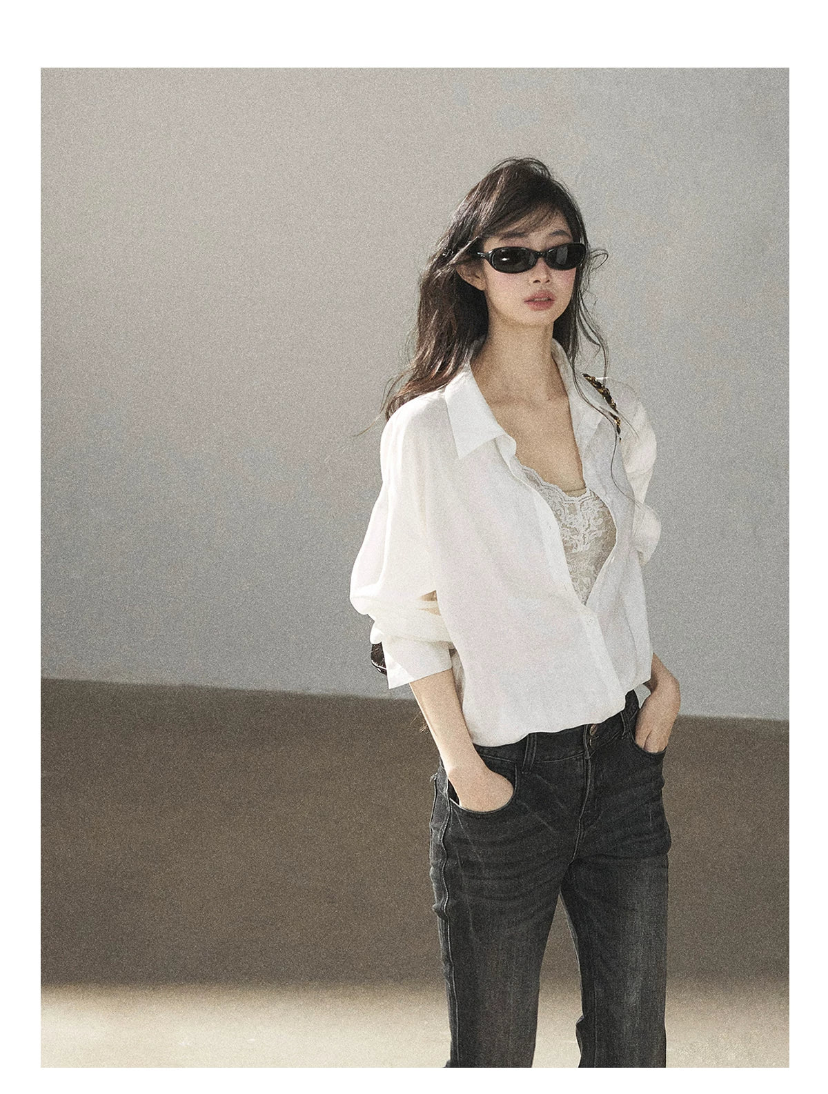 AOMALM - "Wandering Sunlight" Almond Beige Faux Two-Piece Lace Shirt Top