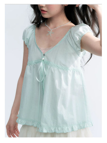 "Mint Morning Glow" Mint Green Lace Tie-Front Cardigan Blouse