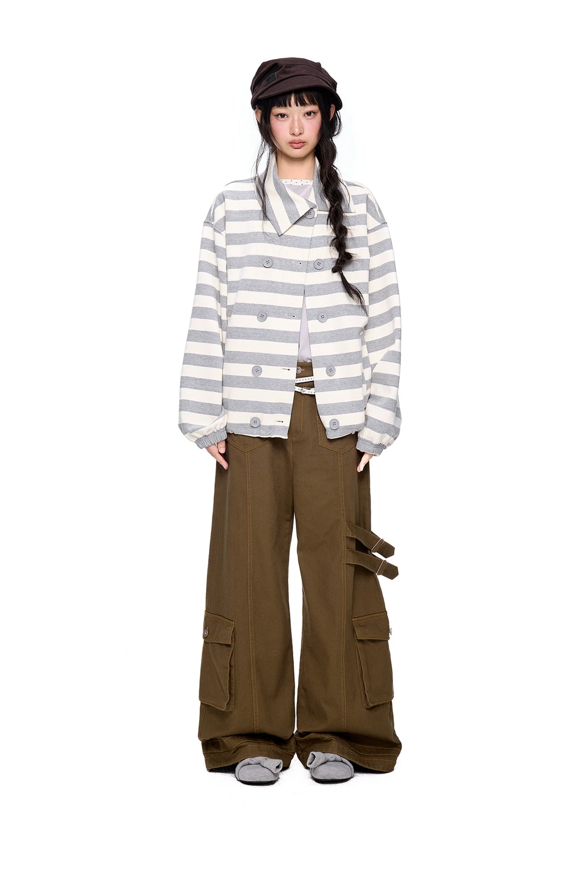 EZEK | Striped Asymmetrical Collar Cardigan Sweatshirt with Double-Breasted Buttons