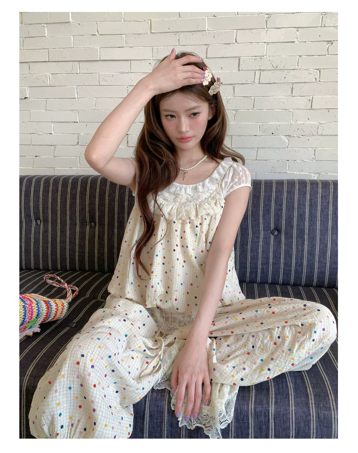 [RF] “Milk Cloud” Ivory Rainbow Polka Dot Bloom Pants Set
