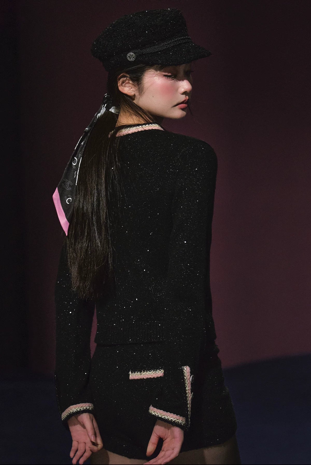 "Starlit Heiress" Black Shimmer Contrast Knit Cardigan & Shorts Set