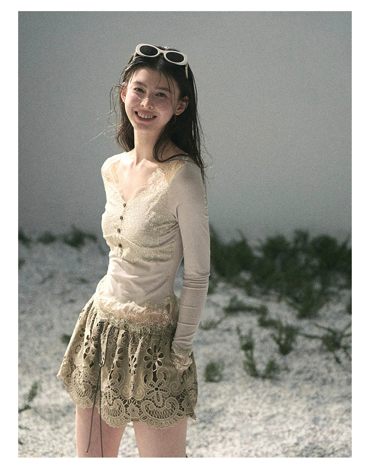 “Traces Left by the Wind” Ash Ivory Lace V-Neck Top