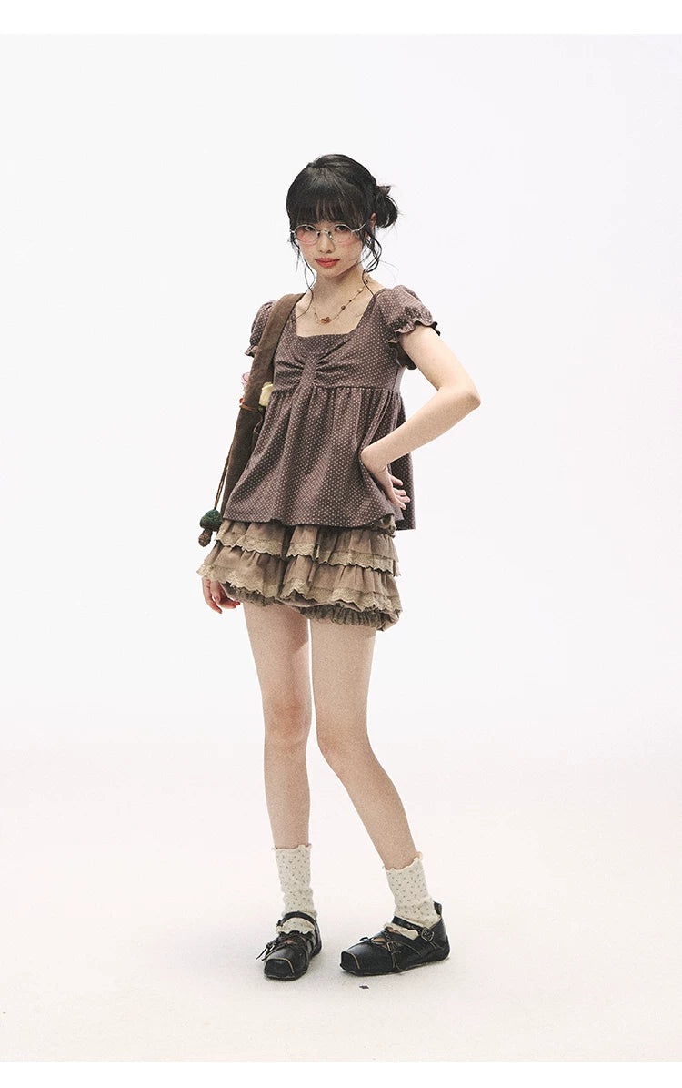 "Sweetheart Crew" Polka Dot Faux Two-Piece Bow Knit Short Sleeve Top