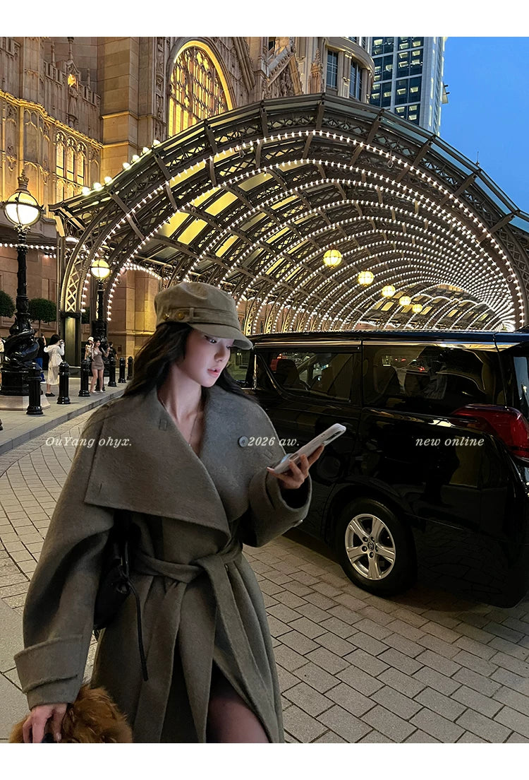 QuQuOuYang - 100% Wool Double-Face Belted Coat with Convertible Collar