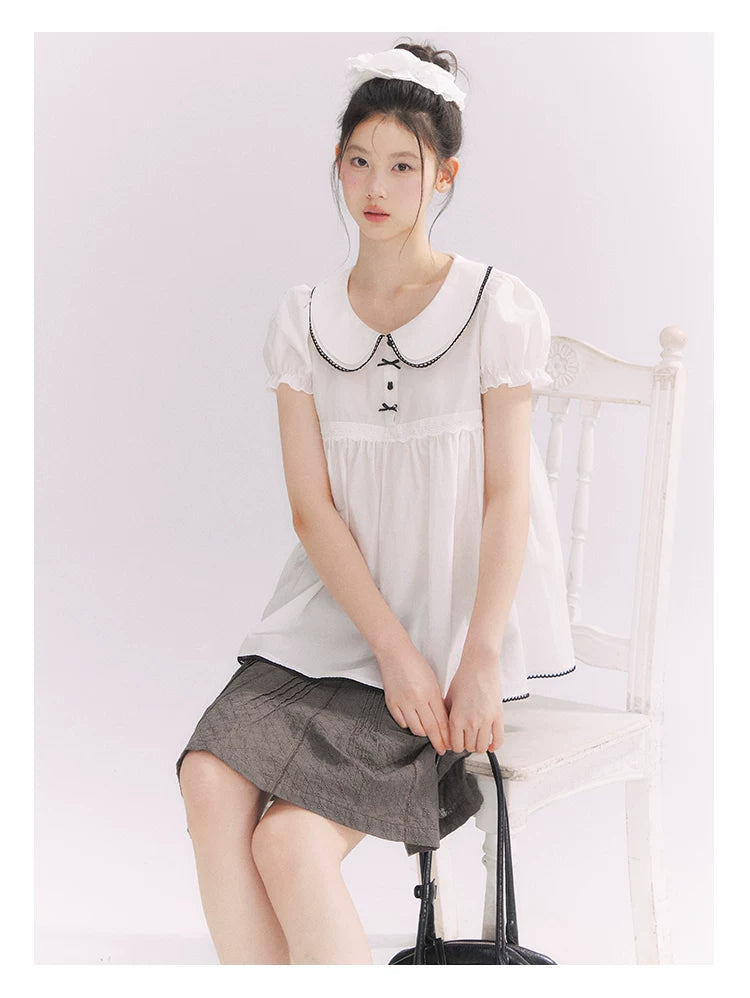 “Misty Texture” Gray Plaid Trim Embroidered A-Line Skirt
