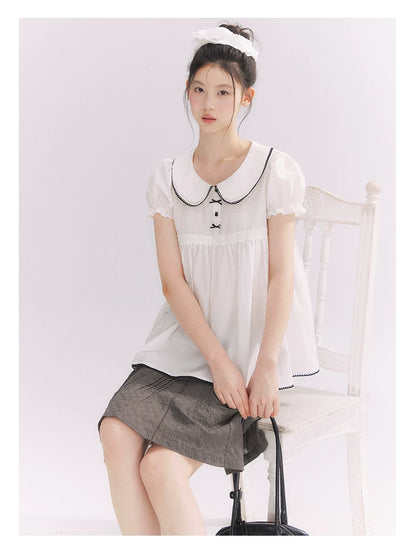 “Misty Texture” Gray Plaid Trim Embroidered A-Line Skirt