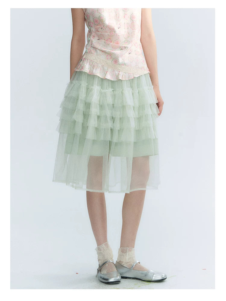 "Lime Mille-Feuille Glow" Peach Mist Chinese-Inspired Short Sleeve Top & Lime Green Tulle Tiered Skirt Set