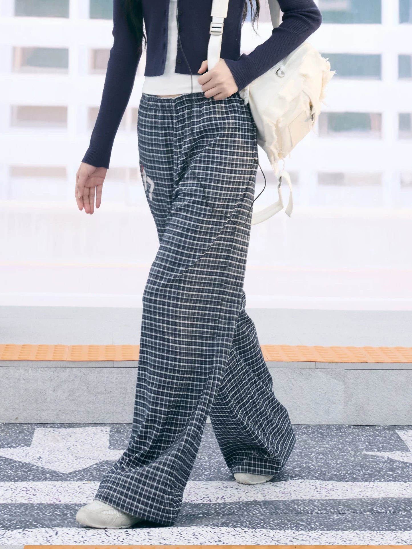"Weekend Departure" Navy Plaid Wide-Leg Pants