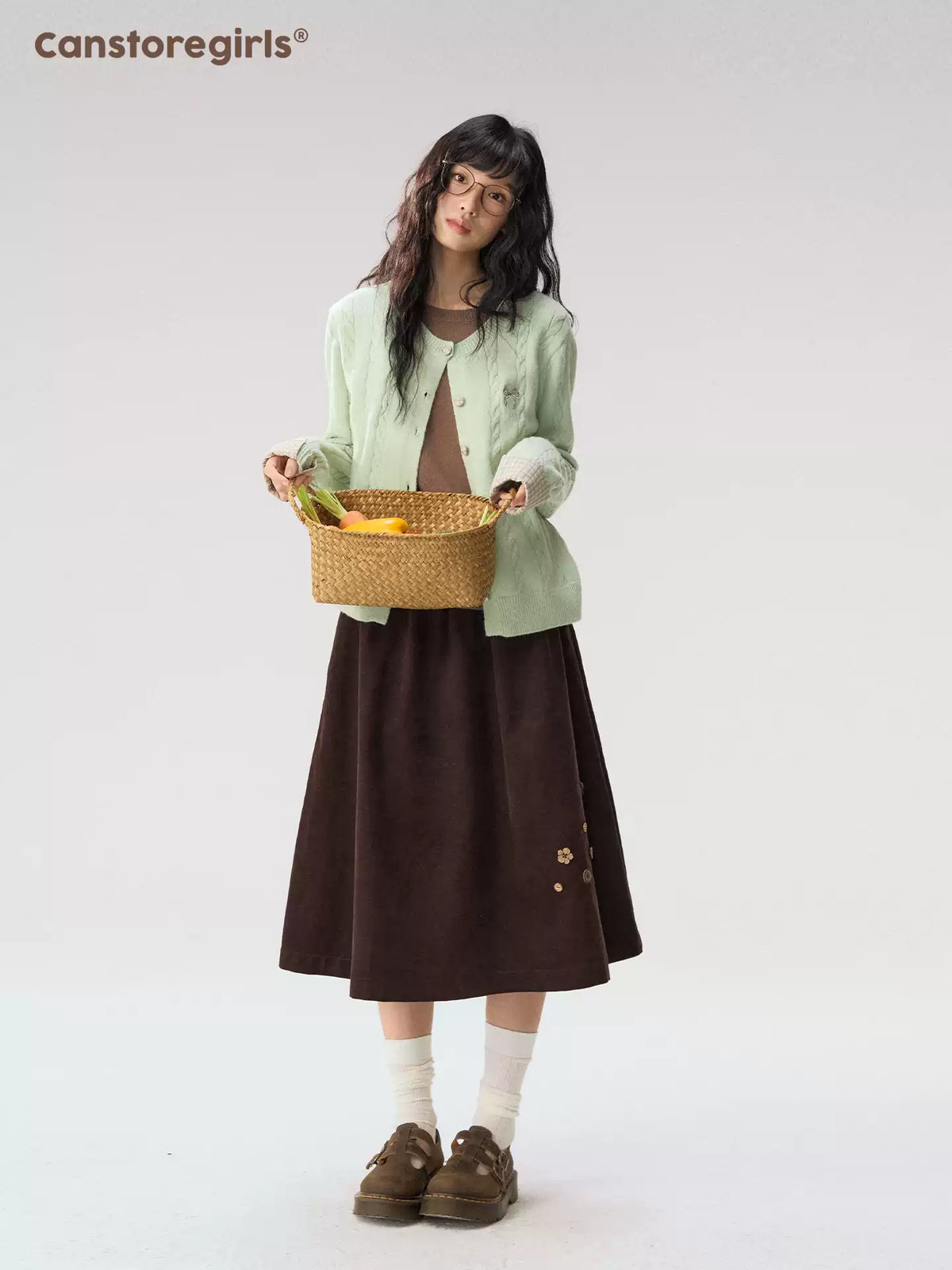 [CAN] “Caramel Glow” Brown Corduroy High-Waist A-Line Skirt