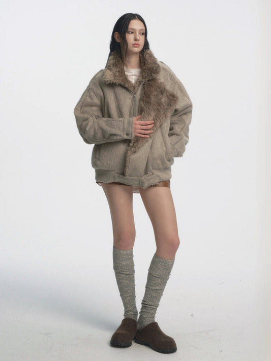 Muirgen - Gray Y2K Long-Pile Faux Shearling Padded Jacket