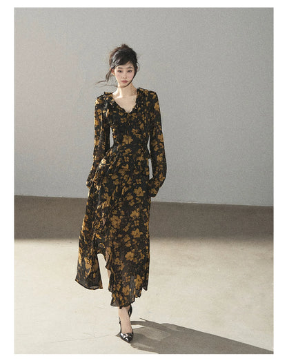 AOMALM - Black & Golden Brown Floral Ruffle Maxi Dress with High Side Slit