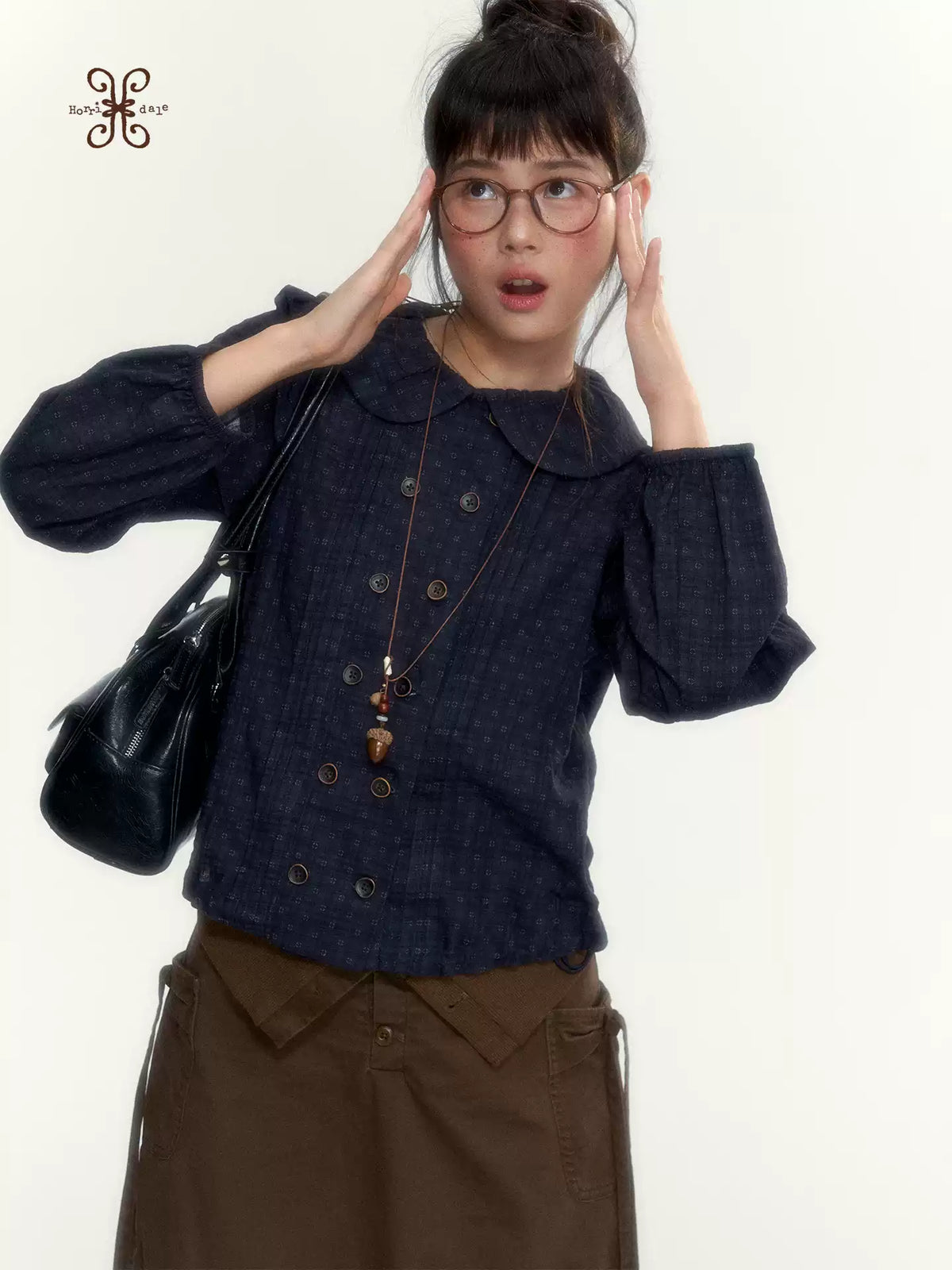 “Academy Melody” Navy Plaid & Dusty Purple Peter Pan Collar Cotton Shirt (Navy Plaid / Dusty Purple)