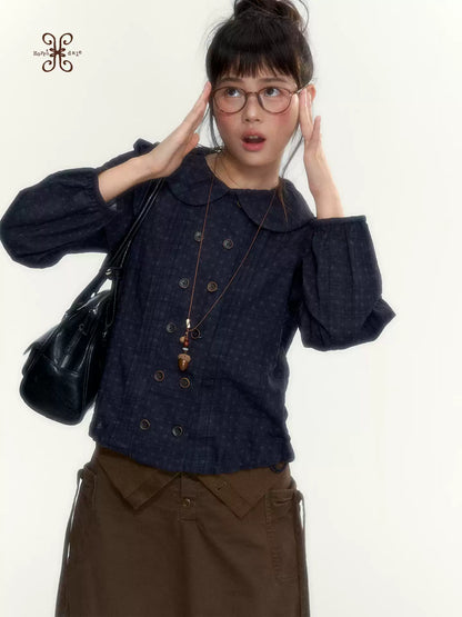 “Academy Melody” Navy Plaid & Dusty Purple Peter Pan Collar Cotton Shirt (Navy Plaid / Dusty Purple)