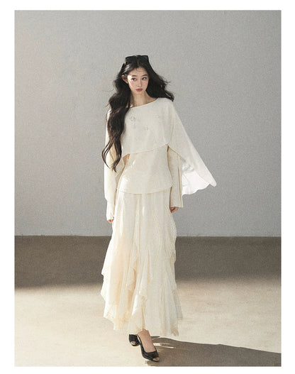 AOMALM - Cloud-Shaped French Lace Ruffle Midi Skirt – Elegant Autumn Maxi