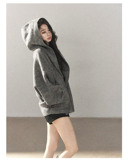 AOMALM - Dark Heather Gray Hooded Wool-Blend Jacket (With Inner Bra)