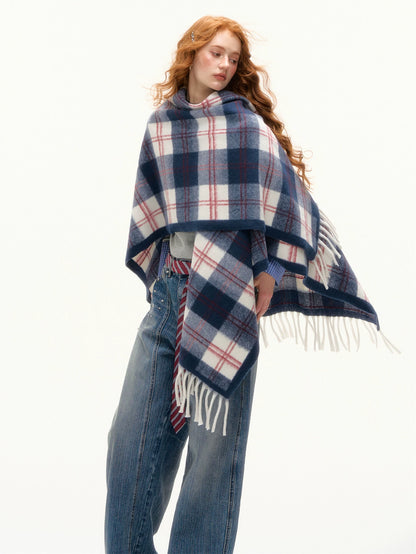 ASGONY - Navy Plaid Fringe Wrap Scarf