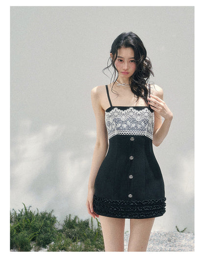 “Midnight Soliloquy” Black Lace Slip Mini Dress